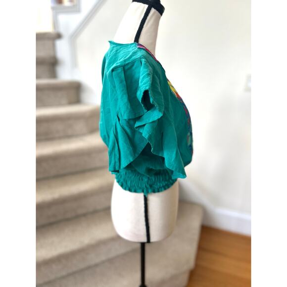 Mexican Embroidery Ruffle Blouse Cropped Teal Green Rainbow Star Western Boho - Picture 2 of 4